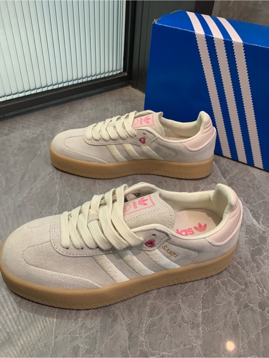 adidas Shoes - adidas Samba Cream Suede Sneakers with Pink Accents and Gum Sole